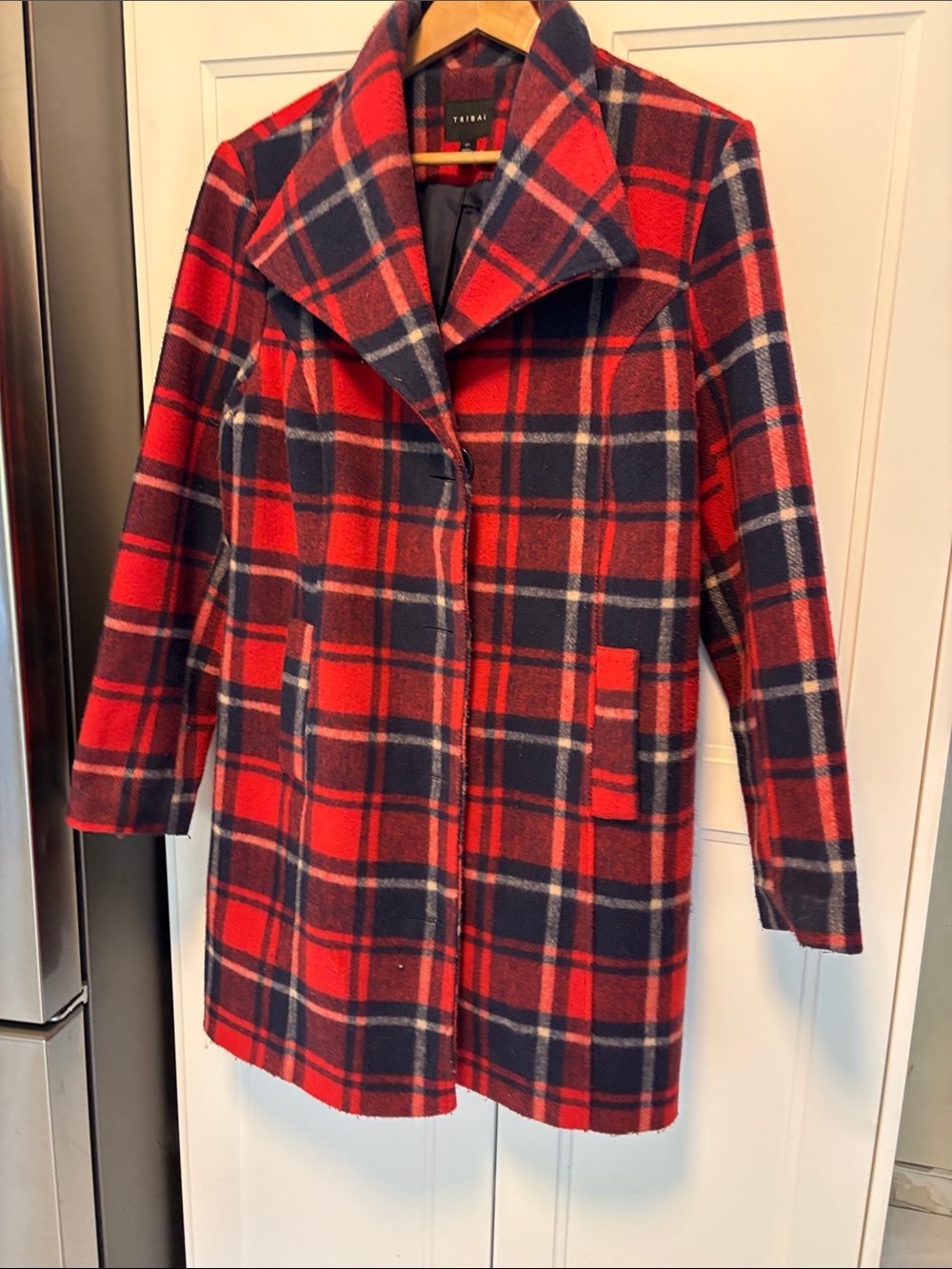 Tribal Red and Navy Plaid Pea Coat